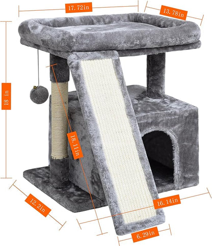 Small Cat Tree for Indoor Cats，Cat Tower with Scratching Post and Board，Cat House with Perch for Kitten, Stable Condo and Stand (Light Grey)