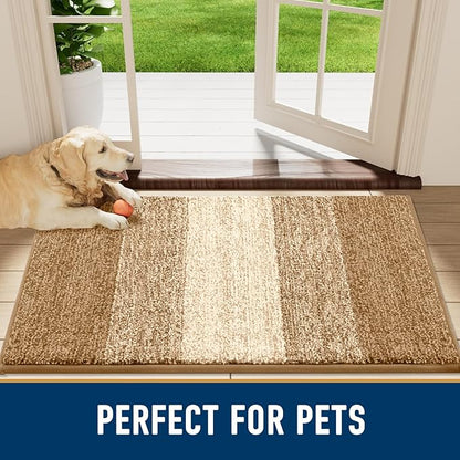 Smiry Dog Door Mat for Muddy Paws, Absorbs Moisture and Dirt, Low-Profile Entryway Mat with Non-Slip Backing, Entry Indoor Outdoor Doormat for Inside Floor (48x32 Inches, Camel, Striped)