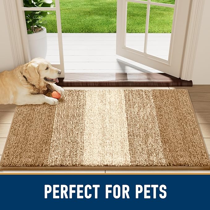 Smiry Dog Door Mat for Muddy Paws, Absorbs Moisture and Dirt, Low-Profile Entryway Mat with Non-Slip Backing, Entry Indoor Outdoor Doormat for Inside Floor (71x47 Inches, Camel, Striped)