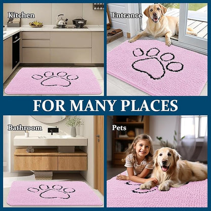 OLANLY Dog Door Mat for Muddy Paws 36x24, Paw Print Design, Absorbs Moisture and Dirt, Absorbent Non-Slip Washable Doormat, Quick Dry Chenille Mud Mat for Dogs, Entry Indoor Entryway Carpet, Pink