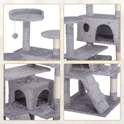 55 inches Heavy Duty Multi-Level Cat Tree Tower with Condo Furniture & Scratching Posts for Kittens Play Rest (Light Grey)