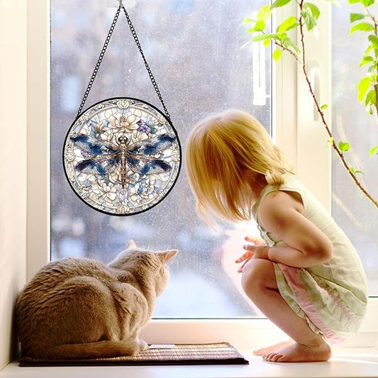 Stained Glass Window Hanging, Dragonfly Flower Suncatcher for Doors Home Sun Catchers Decoration and Christmas, Mother's Day Birthday Gifts for Women, Men, and Mom 7.8 in