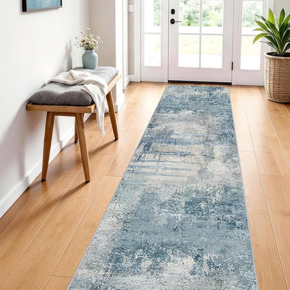 Abstract Rug Runners 2x8 Washable: Modern Rugs Non Slip for Kitchen Entryway Bedroom - Soft Stain Resistant Easy Clean - Indoor Low Pile Carpet for Family with Pets 2x8 Blue