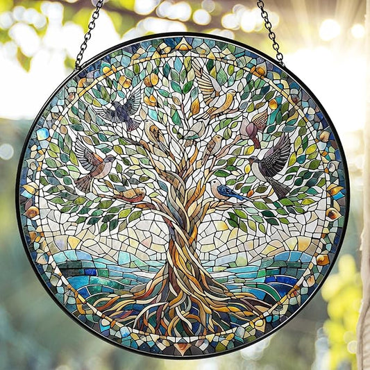 Tree of Life with Birds Sun Catcher RVEAFA Stained Glass Window Hanging Birds Lover Gifts for Women Wall Decor Handmade Sun Catcher Decoration for Garden Home Housewarming Gifts（20 * 20cm