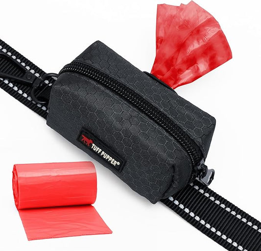 Tuff Pupper Dog Poop Bag Holder | Works with Any Dog Leash | Zippered Waste Bag Dispenser | Waterproof with Rust-Proof Clip | Convenient Lightweight Design | Includes 2 Rolls of Leak-Proof Bags