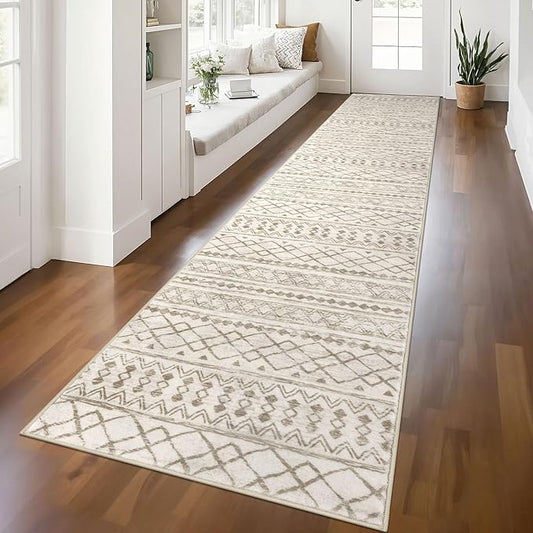 KUTA Moroccan Washable Hallway Runner Rug, 2.6x12 Non-Slip Vintage Beige Boho Kitchen Rugs Ultra Soft Distressed Geometric Floor Carpet Runners for Bedroom Laundry Living Room