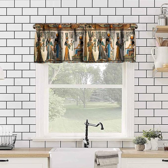 Vintage Ancient Egypt Valance Curtains, Egyptian Style Old Egypt Hieroglyphics Print Afican Pharaoh Theme Window Valance Curtain for Farmhouse Bedroom Living Room Kitchen 54x18inch