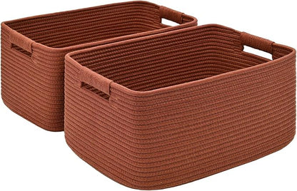 2 Pack Large Storage Basket for Organizing, 17.5"x13"x7" Woven Basket for Shelves, Closet Cube Storage Bins with Wrapped Handle, Cotton Rope Baskets for Kitchen, Clothes, Toys(Oxide Red)