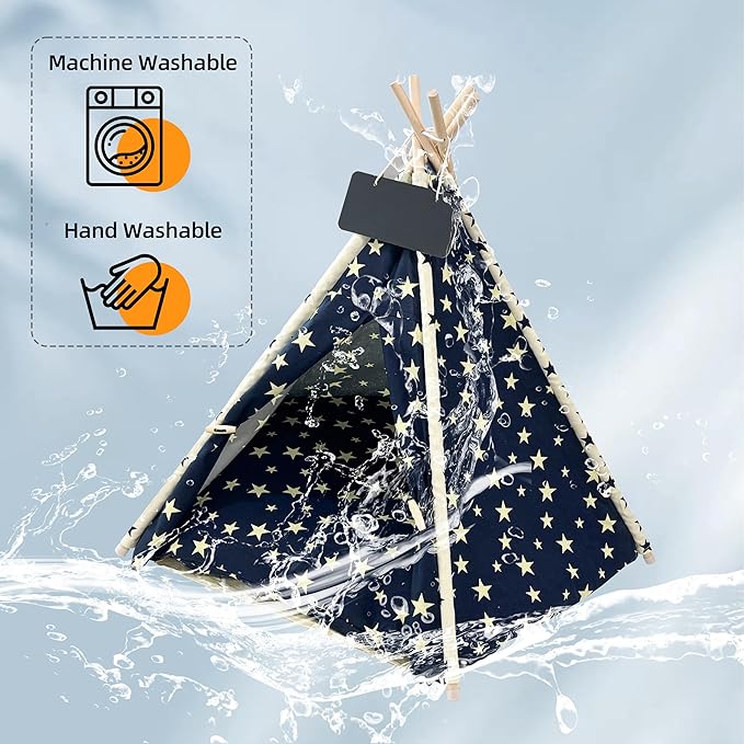 Pet Teepee Dog & Puppy Cat Tents Tipi Bed Portable Houses with Thick Cushion for Pets Up to 66lbs-Blue-M