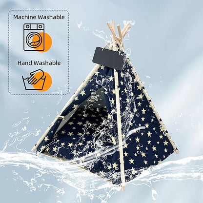 Pet Teepee Dog & Puppy Cat Tents Tipi Bed Portable Houses with Thick Cushion for Pets Up to 66lbs-Blue-M