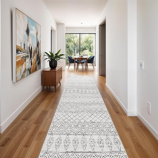 2'6"x14' Runner Rug Moroccan Washable - Hallway Rugs Non Slip Bedroom Rug Runners Soft Long Kitchen Carpet with Rubber Backing Low Pile Vintage Floor Mats for Entryway 2'6"x14' Geo Grey