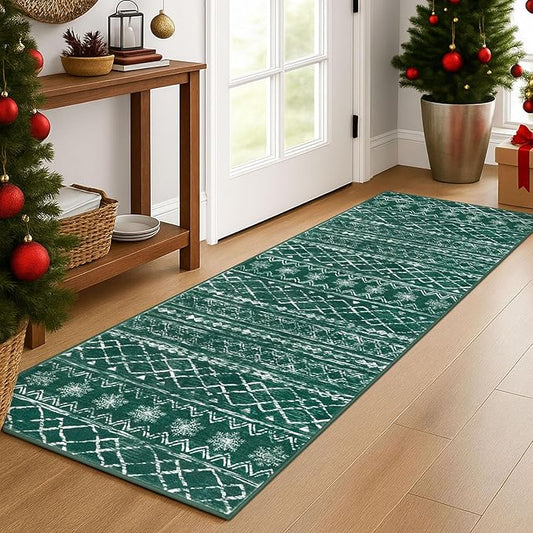 KUTA Spring Washable Hallway Runner Rug, 2x6 Non-Slip Vintage Boho Rugs Kitchen Runners Green Ultra Soft Distressed Geometric Floor Carpet for Bedroom Laundry Living Room