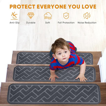 15 Pack 8 "X 30" Non Slip Stair Treads for Wooden Steps, Carpet Stair Treads Made of Polyester and Reusable Adhesive, Stair Runner Rugs for Kids, Elders and Dogs Pets (Gray)