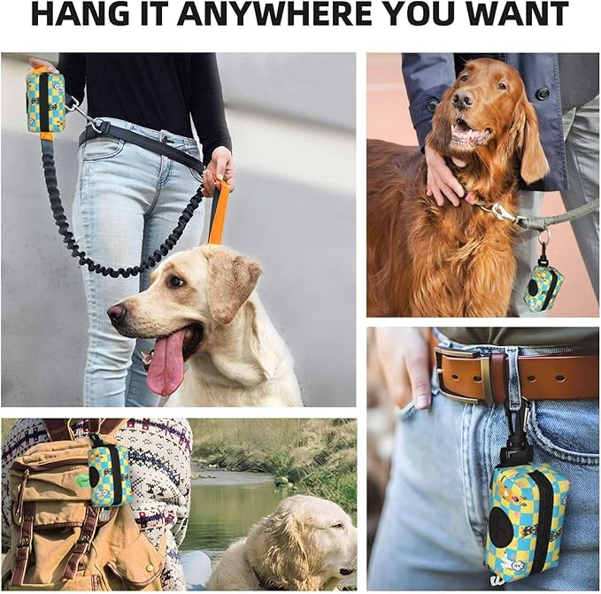 Dog Poop Bag Holder for Leashes - Lightweight Pet Waste Bags Dispenser Doggy Zippered Pouch for Puppy Walking Accessories(Plaid Dog Paw Print Bones)