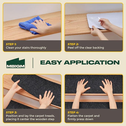 MBIGM 8" X 30" (15 in Pack) Non-Slip Carpet Stair Treads Non-Skid Safety Rug Slip Resistant Indoor Runner for Kids Elders & Pets with Reusable Adhesive - Black - Carpet Pads for Stairs