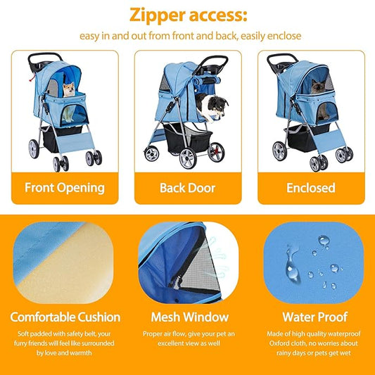 4 Wheels Dog Stroller Folding Pet Strolling Cart for Small Medium Cats Puppies Portable Jogger Travel Camping Puppy Carrier with Storage Basket Cup Holder, Blue