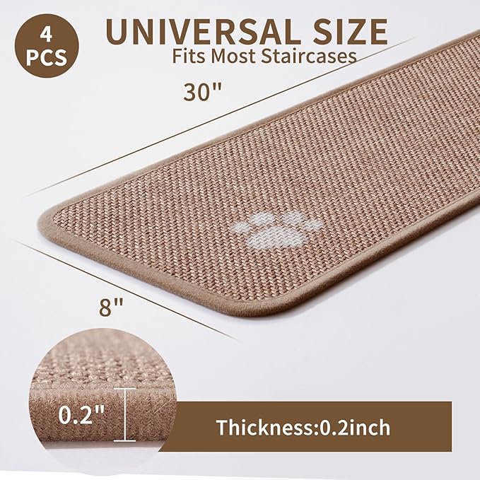 Stair Treads Non Slip Indoor 4PCS, Rubber Backing Stair Runner Rugs for Wooden Steps, Residue Free Stair Carpet Treads for Kids Elders and Pets, Machine Washable Stair Mats, Brown, 8" x 30"