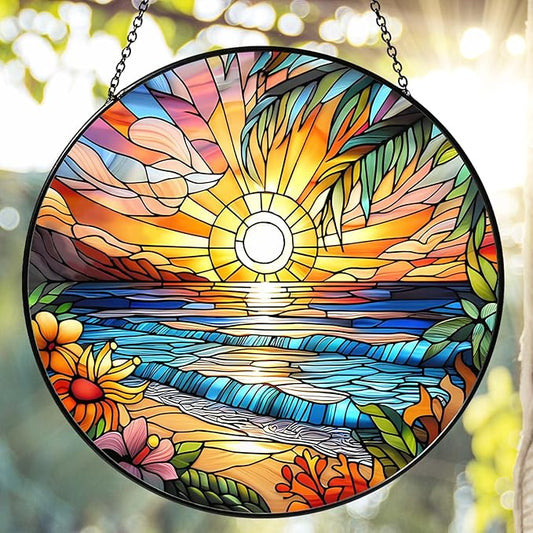 Beach Sunset Sun Catcher Stained Glass Window Hanging Beach Lovers Gifts for Women Wall Decor Landscape Decoration for Home Garden Housewarming Gifts
