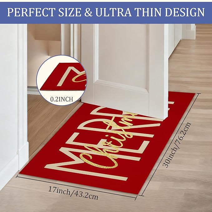 Merry Christmas Door Mats Indoor,Winter Holiday Red Front Door Mat Non-Slip Low Profile Welcome Mat for Outdoor Entrance Indoor Rug Mat Home Patio, Porch, Hallways Floor 30 x 17 Inch