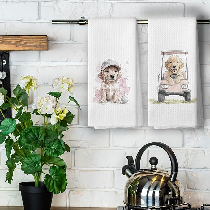 Golf Dog Kitchen Towels - Golden Retriever Dish Towels, Sports Gifts, Pet Golf Club Decorative Absorbent Dishcloths Hand Towels Set of 2 for Spa Kitchen Gym Decor 16x24 Inches