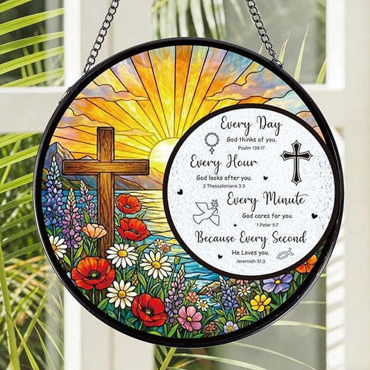 Stained Glass Window Hanging, 7.8″ The Cross and Scripture Sun Catchers Indoor Window Decor, Christ Suncatchers Hanging Ornaments Home Garden Art Easter Gift for Housewarming