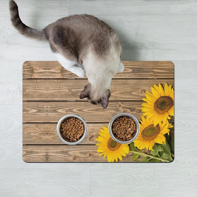 Dog Food Mats for Floors Absorbent, Cat Food Mat - Pet Cat Feeding Mat Quick Dry, Dog Bowl Mats for Water, Pet Supplies Feeding Placemat 12" x 20" Wood Grain Sunflower