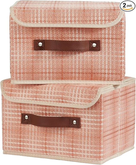 2PCS Storage Boxes with Lid 3D Textured Fabric Storage Bins Closet Organizer Containers Decorative Collapsible Washable Shelf Baskets with Faux Leather Handles (Light Salmon, Small Size)