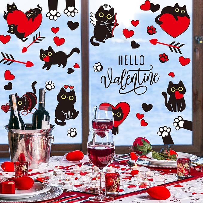 Whaline Valentine Window Clings Window Stickers Double-Sided Black Cat Red Heart Large Glass Decals for Wedding Anniversary Party Decoration, 7 Sheets