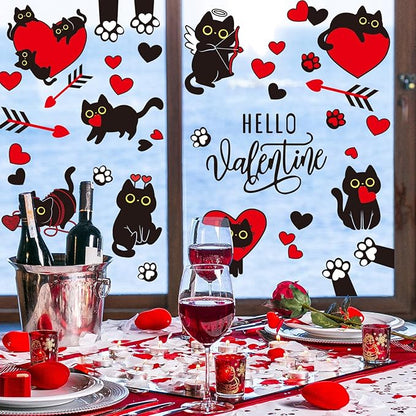 Whaline Valentine Window Clings Window Stickers Double-Sided Black Cat Red Heart Large Glass Decals for Wedding Anniversary Party Decoration, 7 Sheets