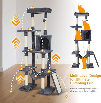 Large Cat Tree,65-inch Tall Multi-Level Cat Tower with Sisal-Covered Scratching Posts, Condo, Hammock, Dangling Ball,Grey