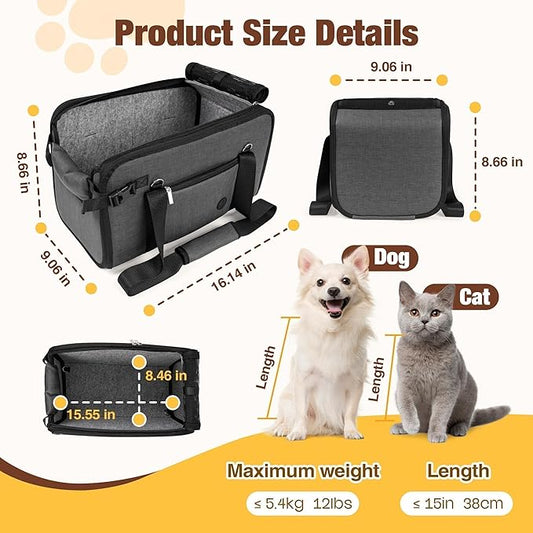 YUDODO 2-12lbs Center Console Dog Car Seat, Anti-Slip Pet Cat Booster Seat for Small Dogs, Portable Puppy Bed Carseat Carrier PU Leather Gray