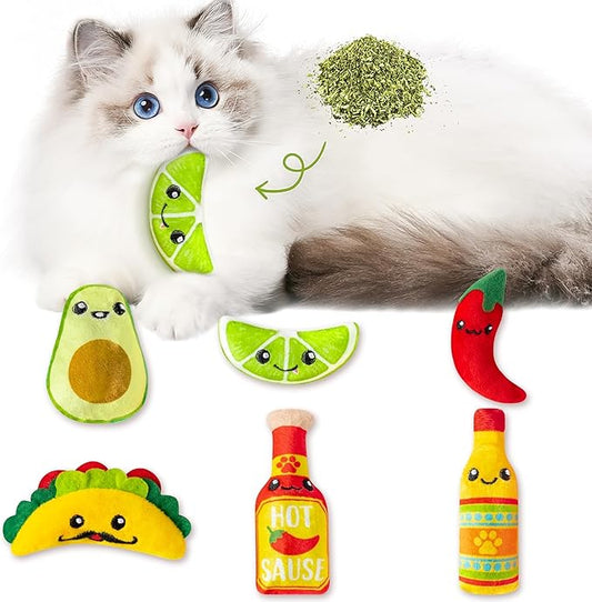 L1rabe Mexican Catnip Stuffed Toys - Summer Gift 6Pcs Cinco de Mayo Carnival Funny Cat Toys for Cat Lovers, Carnival Sause Avocado Indoor Kitten Chew Bite Kick Interactive Pet Supplies Kitten