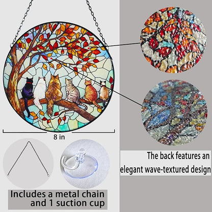 Stained Glass Suncatcher Window Hanging - 6 Cats on a Branch, Cat Lover Gifts for Women Men Mom, Home Decor for Window Door, Christmas Birthday, 7.87x7.87 in