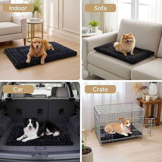 Washable Dog Bed Mat Soft Dog Crate Pad Fluffy Pet Kennel Beds Sleeping Mattress with Non-Slip Bottom for Large Jumbo Medium Small Dogs, 35 x 22 Inch, Black