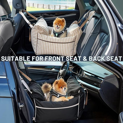 Dog Car Seat for Small Dogs - Waterproof Pet Booster Seat for Car with Clip-On Safety Leash, Soft Travel Carrier for Puppy up to 25 lbs, Memory Foam Filling & 2 Adjustable Buckles Houndstooth
