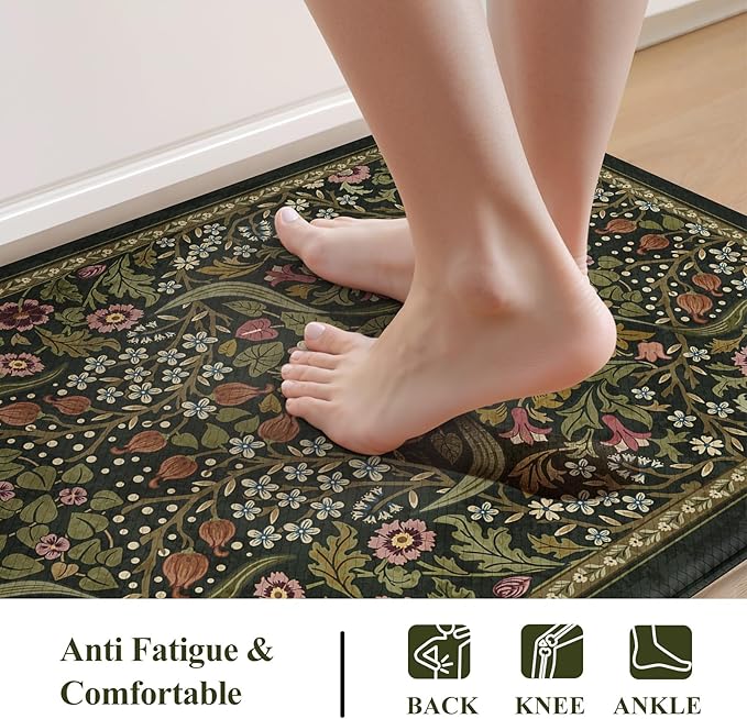 Collive Kitchen Mats for Floor, Cushioned Anti Fatigue Mat Green Floral Rugs Non Skid Waterproof Sink Rug, Memory Foam Comfort Standing Mat for Office, Laundry, Desk, 24''x71''