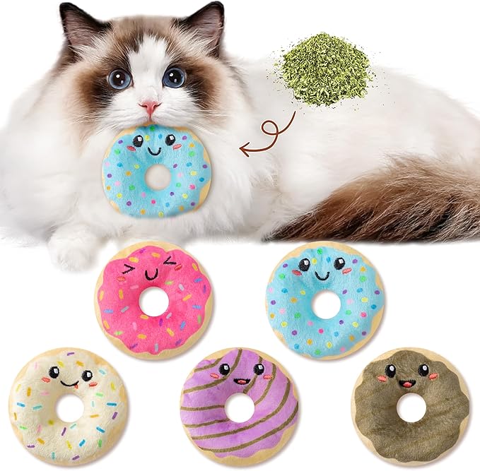 L1rabe Donut Catnip Stuffed Toys - 5Pcs Summer Gift Funny Dessert Organic Cat Toys Pet Supplies, Indoor Cats Chew Bite Teething Tools Kittens Catmint Birthday Present Interactive Supplies