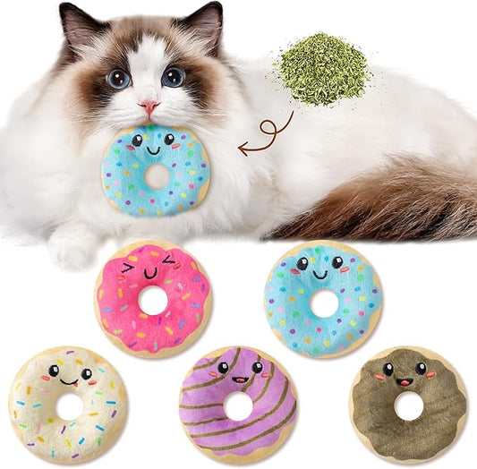 L1rabe Donut Catnip Stuffed Toys - 5Pcs Summer Gift Funny Dessert Organic Cat Toys Pet Supplies, Indoor Cats Chew Bite Teething Tools Kittens Catmint Birthday Present Interactive Supplies