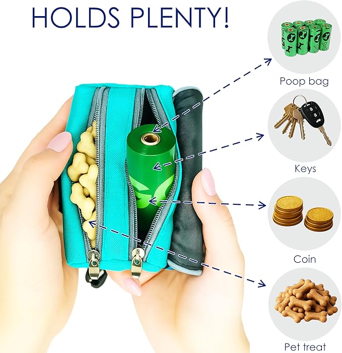 Dog Poop Bag Holder for Leash, 2 Waterproof Zipper Pouches, Dog Treat Pouch for Pet Walking Accessories, with Dispenser, Training Clicker and 1 Free Roll (Green)
