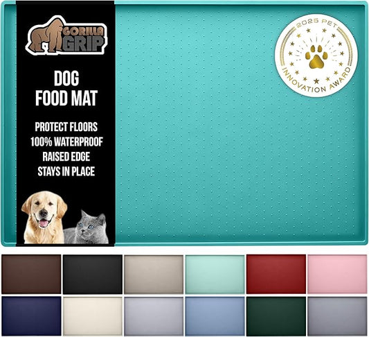 GORILLA GRIP 100% Waterproof Raised Edge BPA Free Silicone Pet Feeding Mat, Dog Cat Food Mats Contain Spills Protects Floors, Placemats for Cats and Dogs Water Bowl, Pets Accessories 23x15 Turquoise