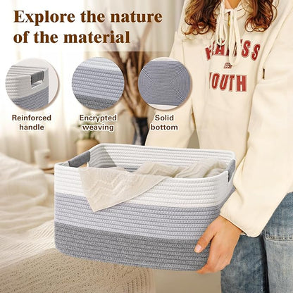 3 Pack Large Storage Basket for Organizing, 17.5"x13"x7" Woven Basket for Shelves, Closet Cube Storage Bins with Wrapped Handle, Cotton Rope Baskets for Kitchen, Clothes, Toys(Gradient Grey)