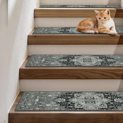 Non Slip Stair Treads for Wooden Steps 15PCS - 8"x30" Indoor Safety Carpet, Edging Mats with TPE Adhesive Backing, Pet and Elderly Friendly Stair Rugs (Black&Olive)