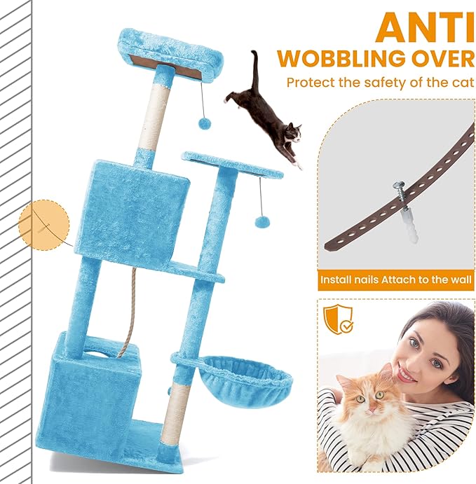 Cat Tree, 54-Inch Cat Tower for Indoor Cats, Soft Plush Multi-Level Climbing Cat Condo with Scratching Posts, Basket, Perches,2 Caves,2 Pompoms Play House for Cat(Blue)