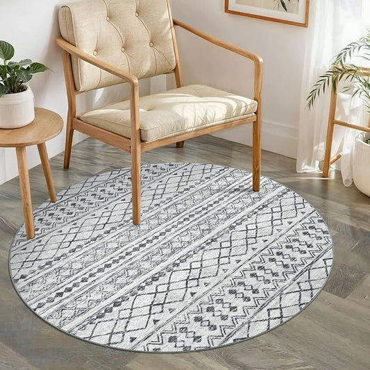 KUTA Washable Circle Rug 3Ft Grey Moroccan Washable Round Area Rugs Boho Foyer Kitchen Carpet, Non-Slip Soft Distressed Geometric Entryway Mat Low-Pile Throw for Hallway Bedroom Nursery Dorm