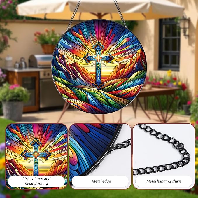 Stained Glass Window Hanging, 7.8″ Cross Sun Catchers with Hook Indoor Window Decor, Decorative Suncatchers Hanging Ornaments Home Garden Art Gift for Housewarming