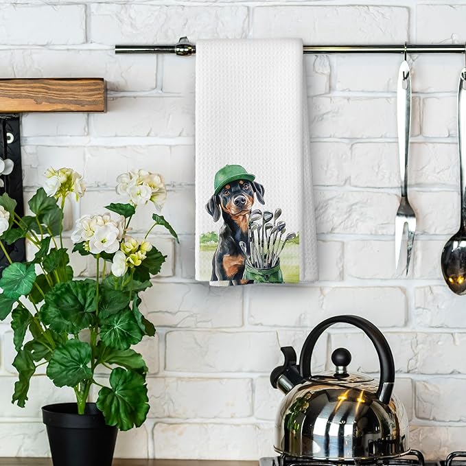 Golf Dog Kitchen Towels - Doberman Pinscher Dish Towels, Sports Gifts, Pet Golf Club Decorative Absorbent Dishcloths Hand Towels for Gym Spa Kitchen Decor 16x24 Inches