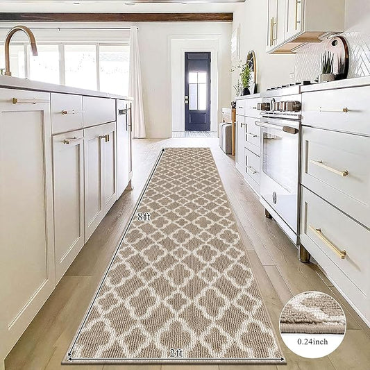 U'Artlines Long Runner Rug for Hallway 2×8feet Non Slip Kitchen Floor Carpet Runners Beige Geometric Pattern Machine Washable Area Rug for Entryway Bathroom