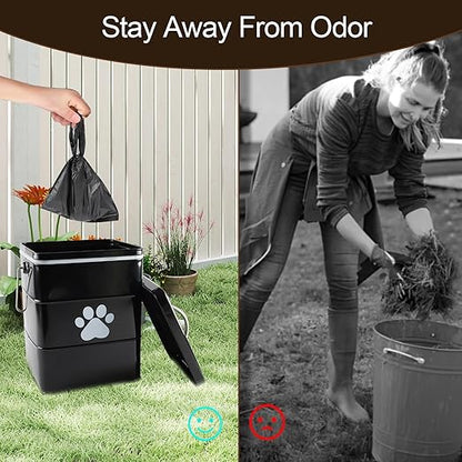 Small Dog Poop Trash Can Outside,1.5Gal/6L Metal Dog Waste Trash Can with Lid/Filter/Handle,Pet Waste Container Bucket with 75 Trash Bags-Black
