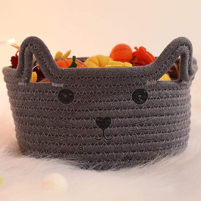 Zopeal Cat Basket Storage Woven Organizer with Ears Easter Decorative Pet Toy Cute Cotton Rope Basket for Gift Cat Dog Toy Bin Nursery Room(8.3 x 4.7 Inch,Gray)