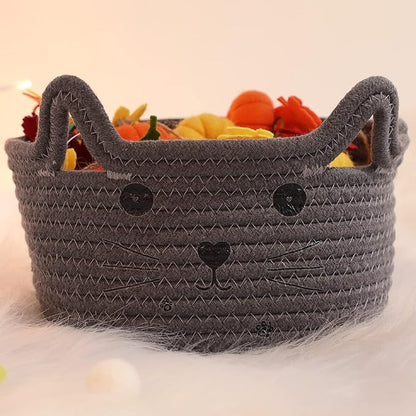 Zopeal Cat Basket Storage Woven Organizer with Ears Easter Decorative Pet Toy Cute Cotton Rope Basket for Gift Cat Dog Toy Bin Nursery Room(8.3 x 4.7 Inch,Gray)